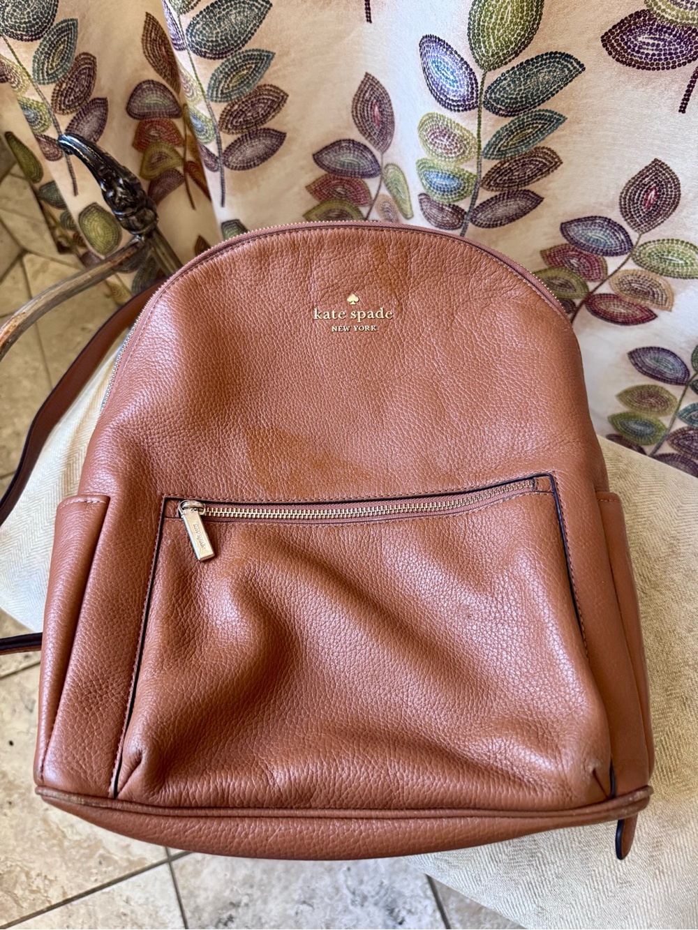 kate spade brown pebble leather backpack with front zip pocket